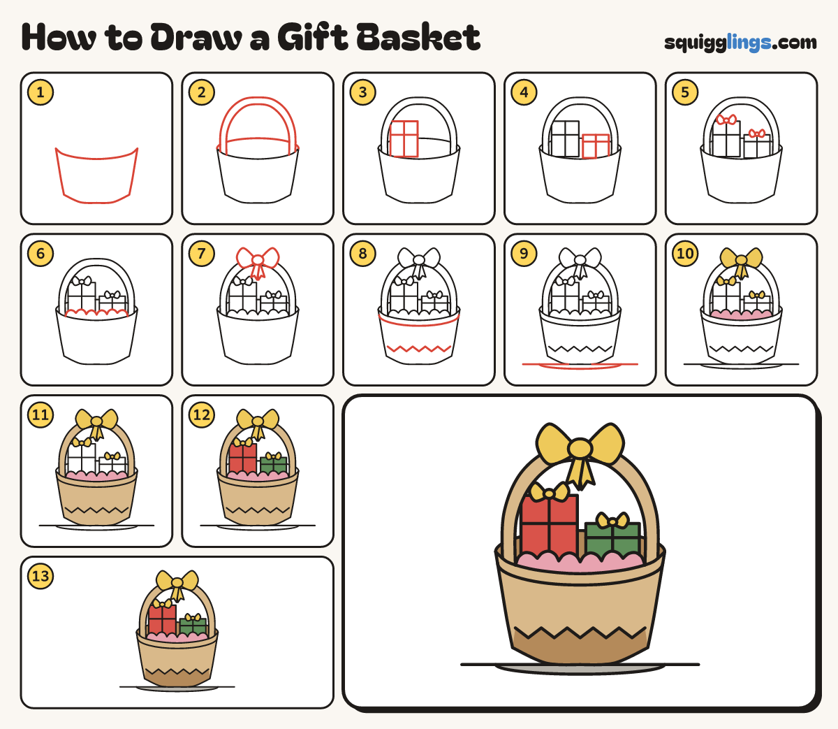 How to Draw a Gift Basket step by step: all 13 steps in one picture