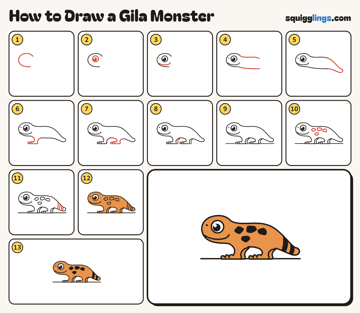 How to Draw a Gila Monster step by step: all 13 steps in one picture