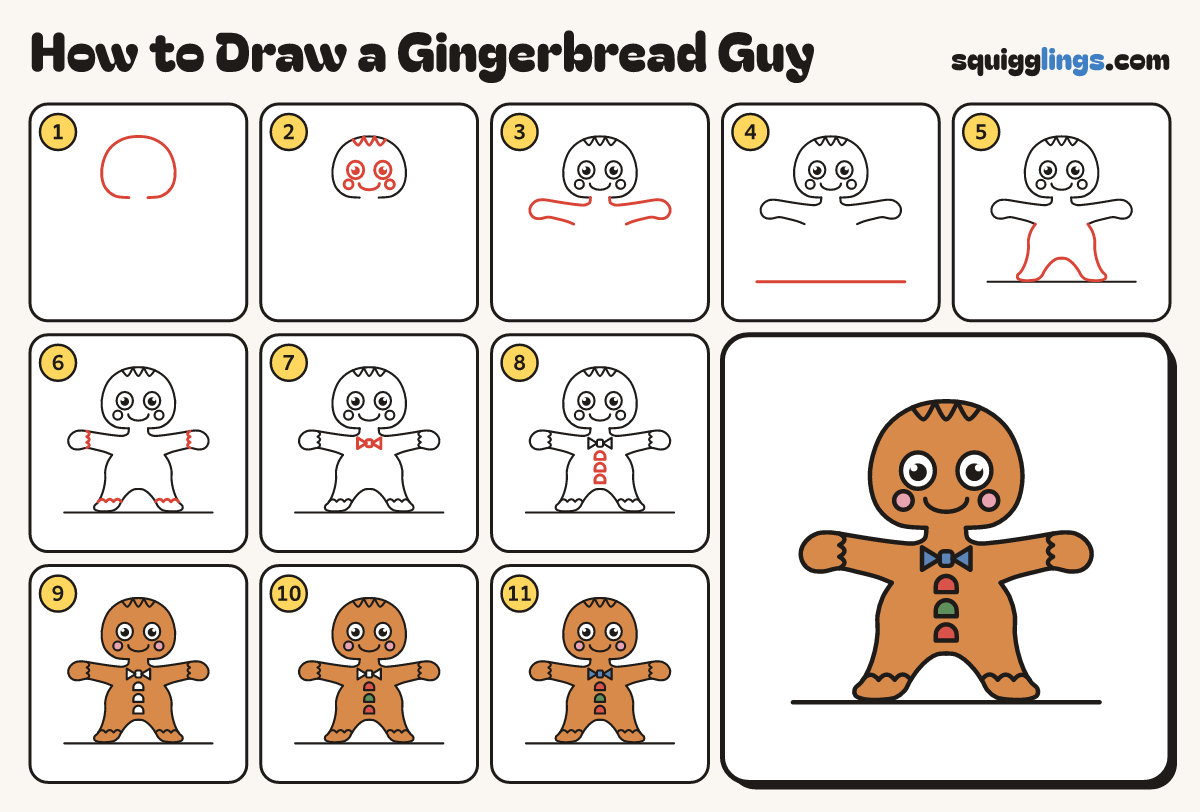 How to Draw a Gingerbread Guy step by step: all 11 steps in one picture