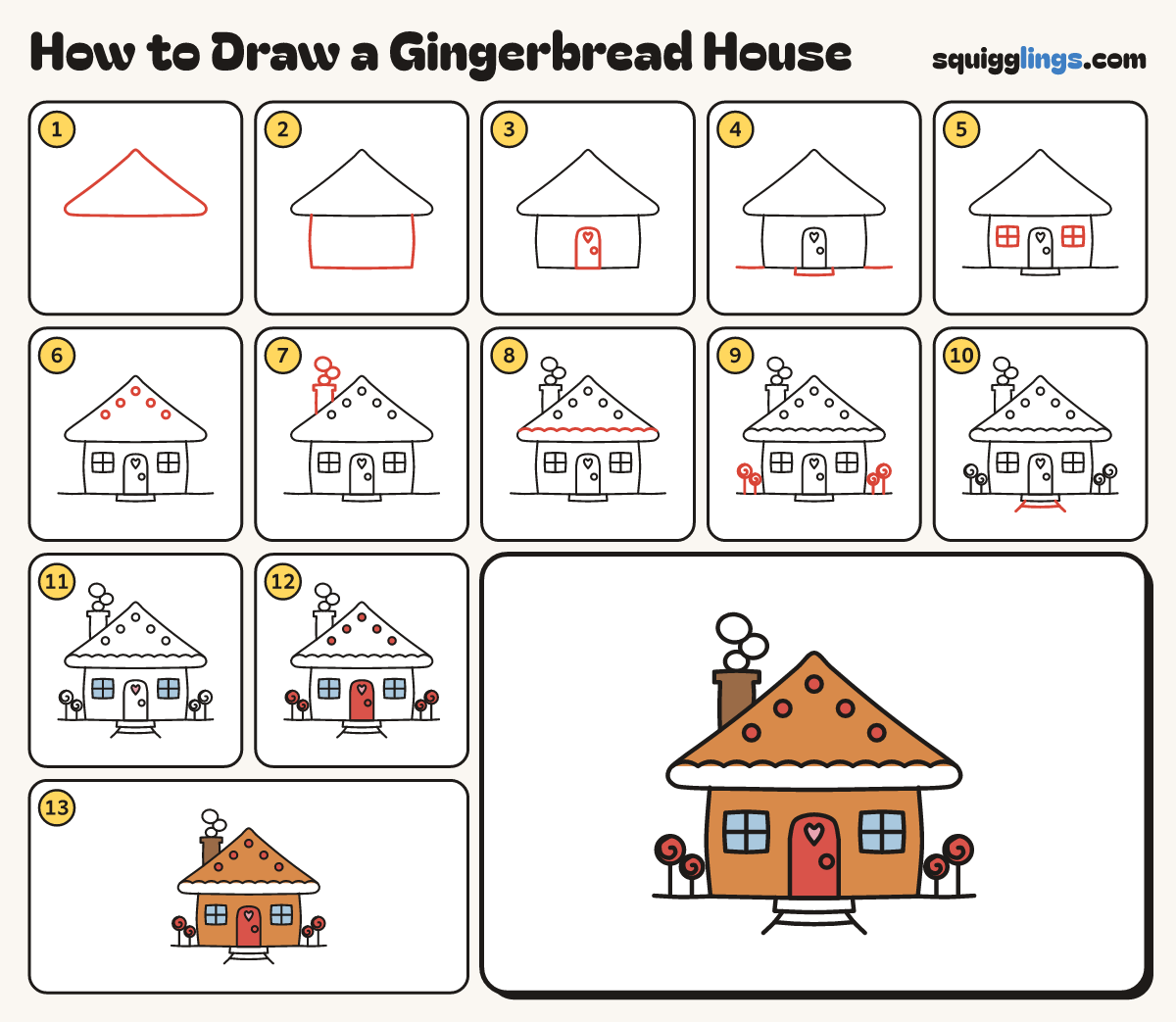 How to Draw a Gingerbread House step by step: all 13 steps in one picture