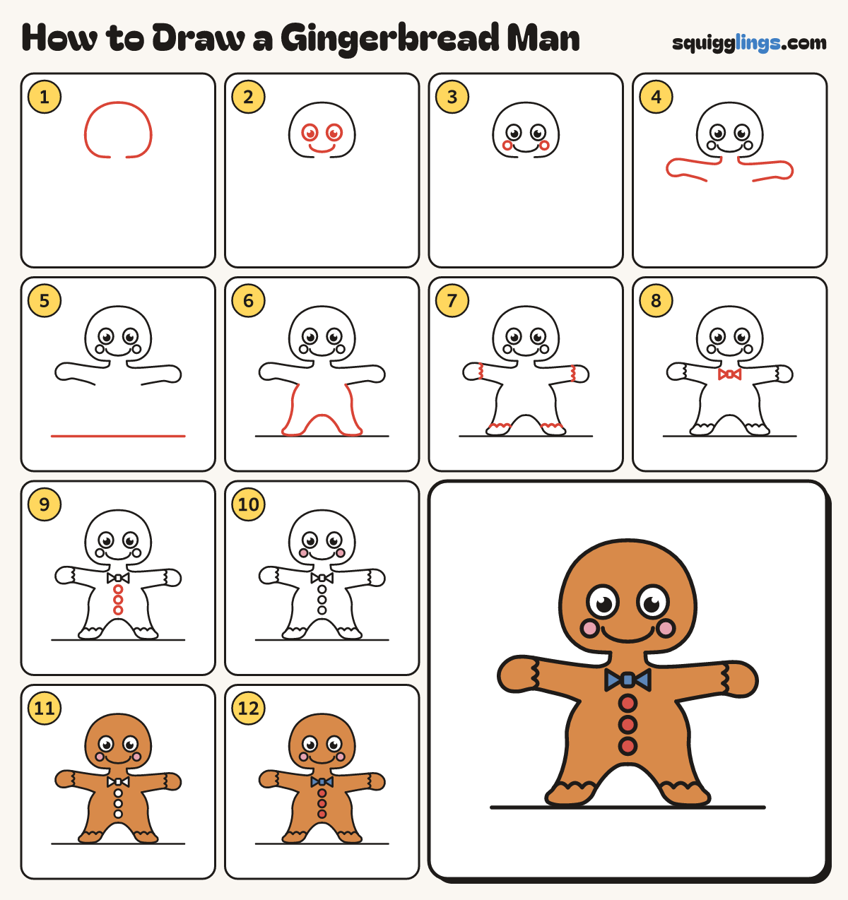 How to Draw a Gingerbread Man step by step: all 12 steps in one picture