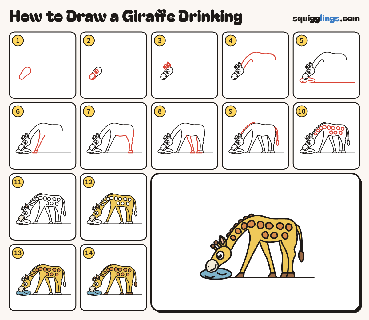 How to Draw a Giraffe Drinking step by step: all 14 steps in one picture