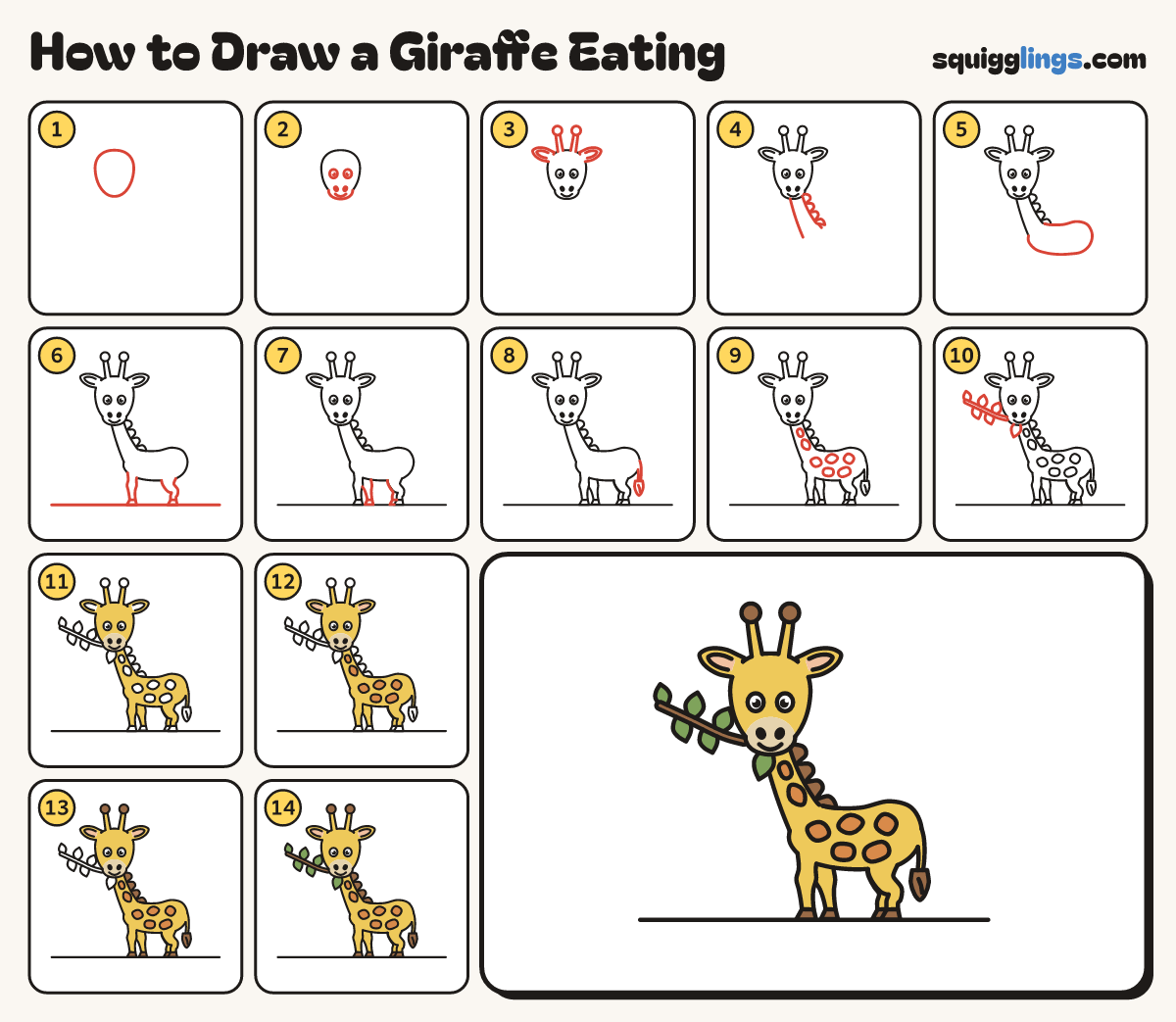 How to Draw a Giraffe Eating step by step: all 14 steps in one picture