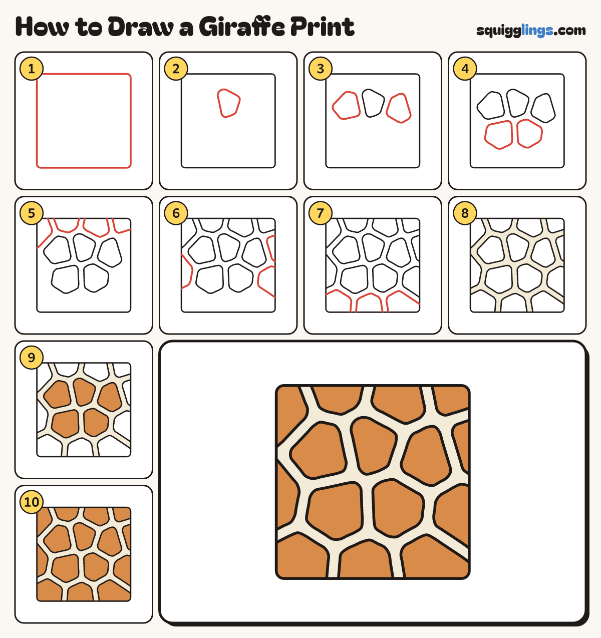 How to Draw a Giraffe Print step by step: all 10 steps in one picture