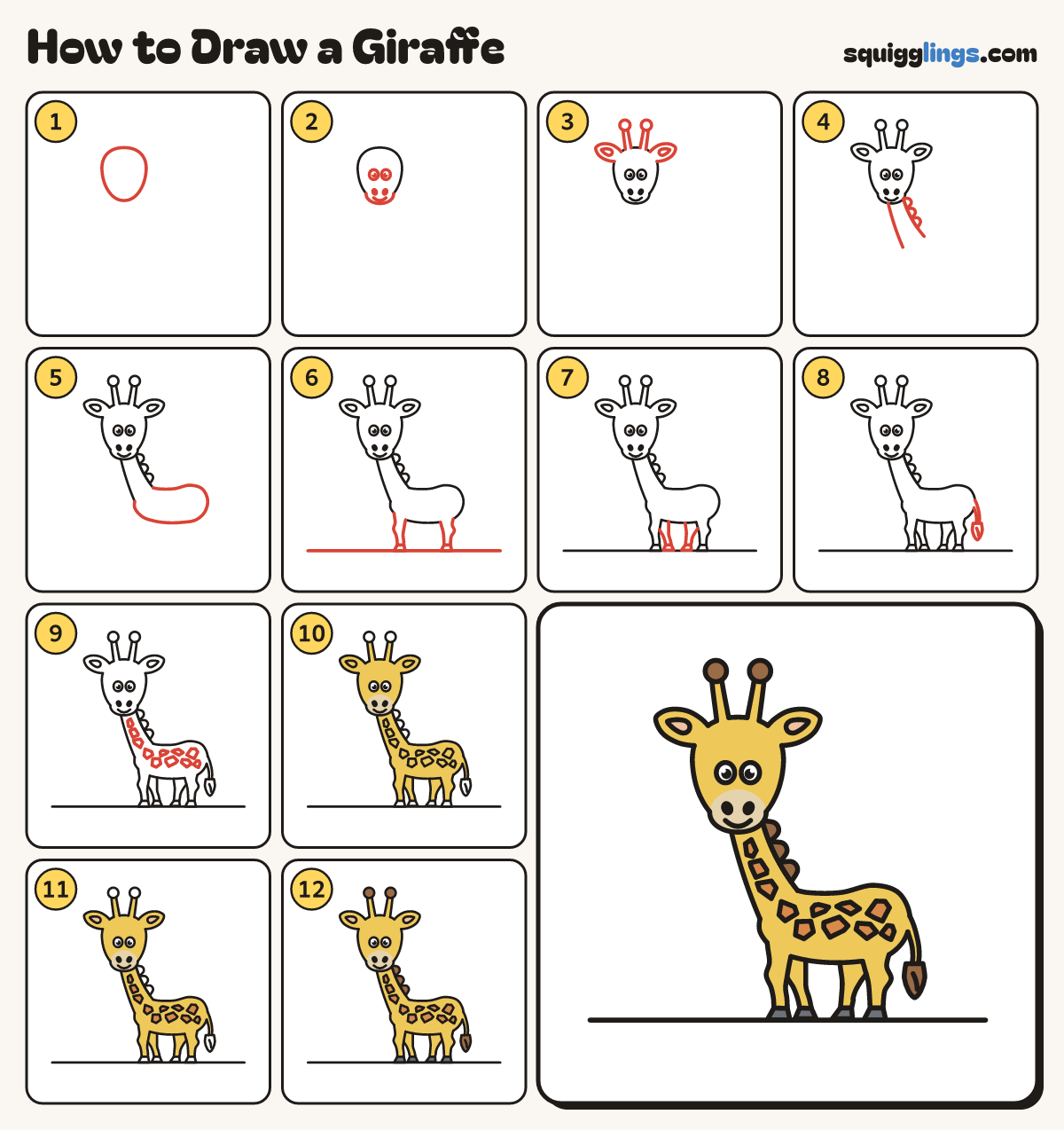 How to Draw a Giraffe step by step: all 12 steps in one picture