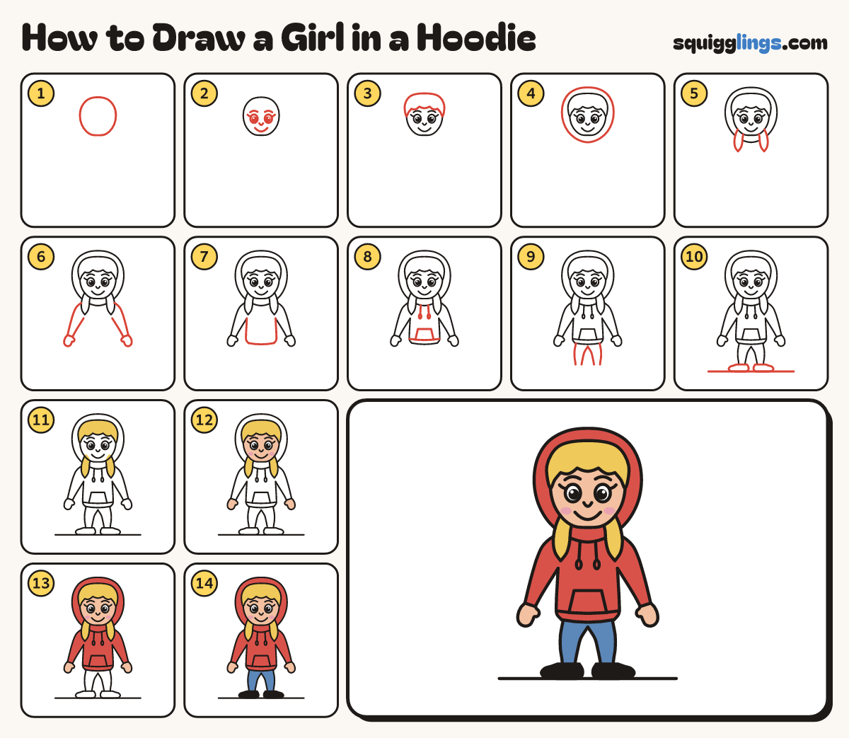 How to Draw a Girl in a Hoodie step by step: all 14 steps in one picture