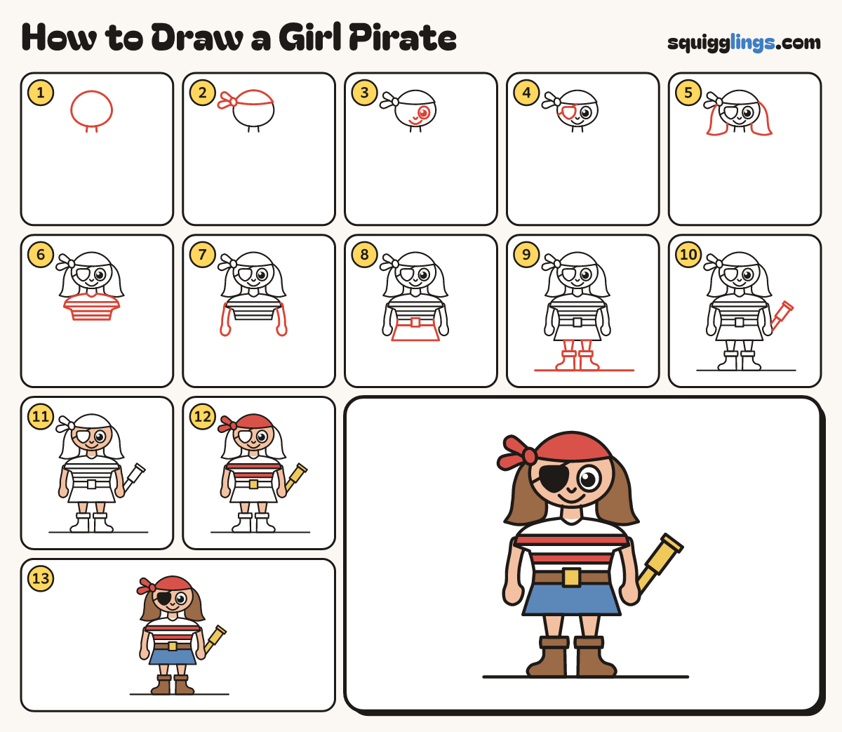 How to Draw a Girl Pirate step by step: all 13 steps in one picture