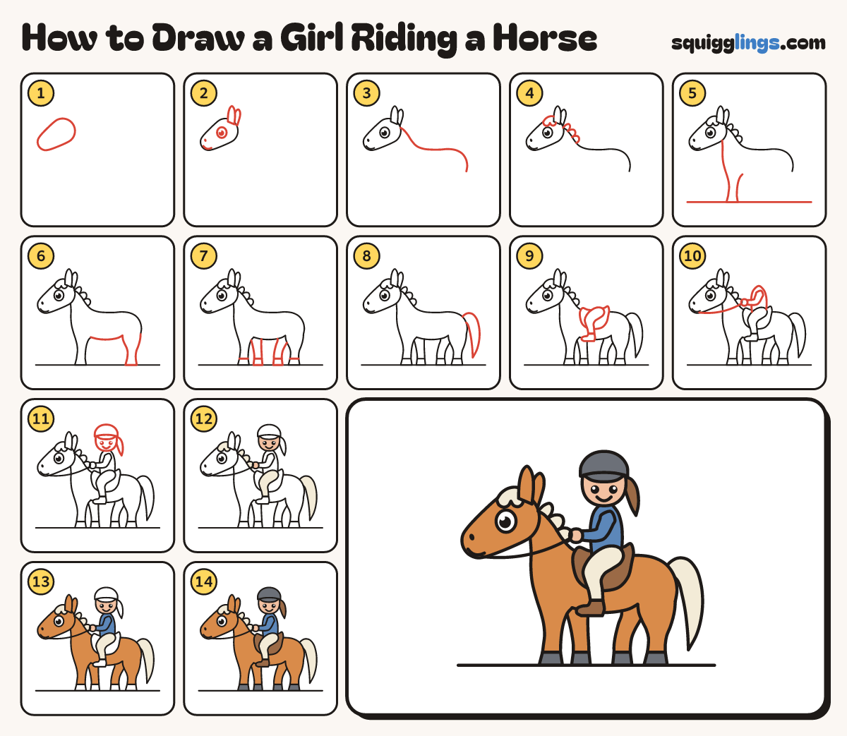 How to Draw a Girl Riding a Horse step by step: all 14 steps in one picture