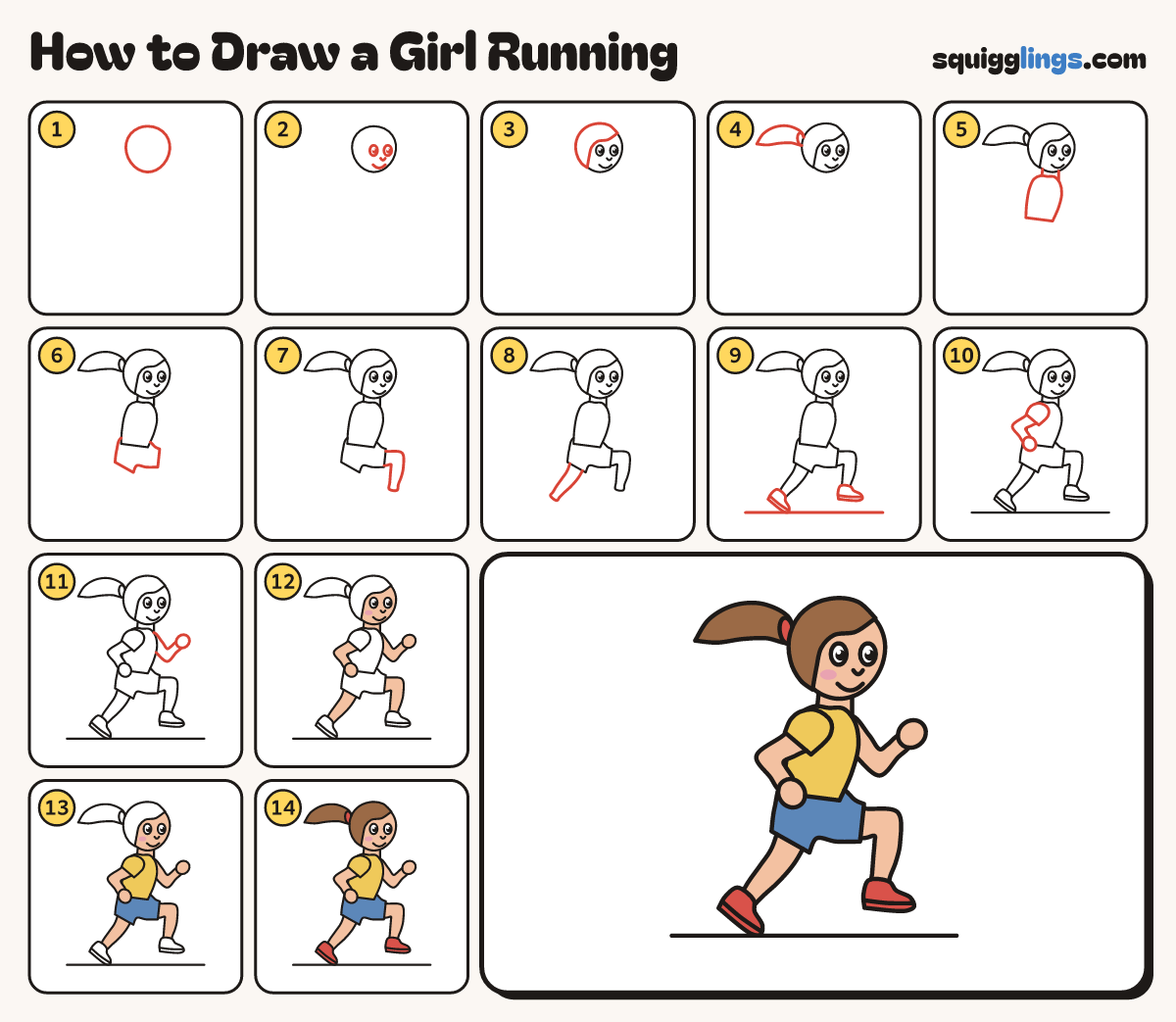 How to Draw a Girl Running step by step: all 14 steps in one picture