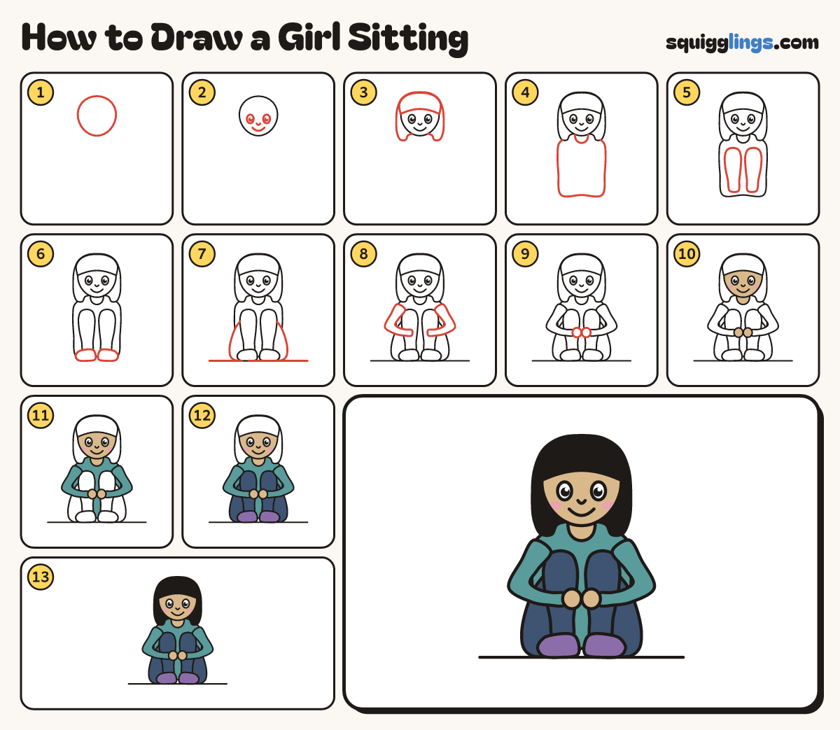 How to Draw a Girl Sitting step by step: all 13 steps in one picture