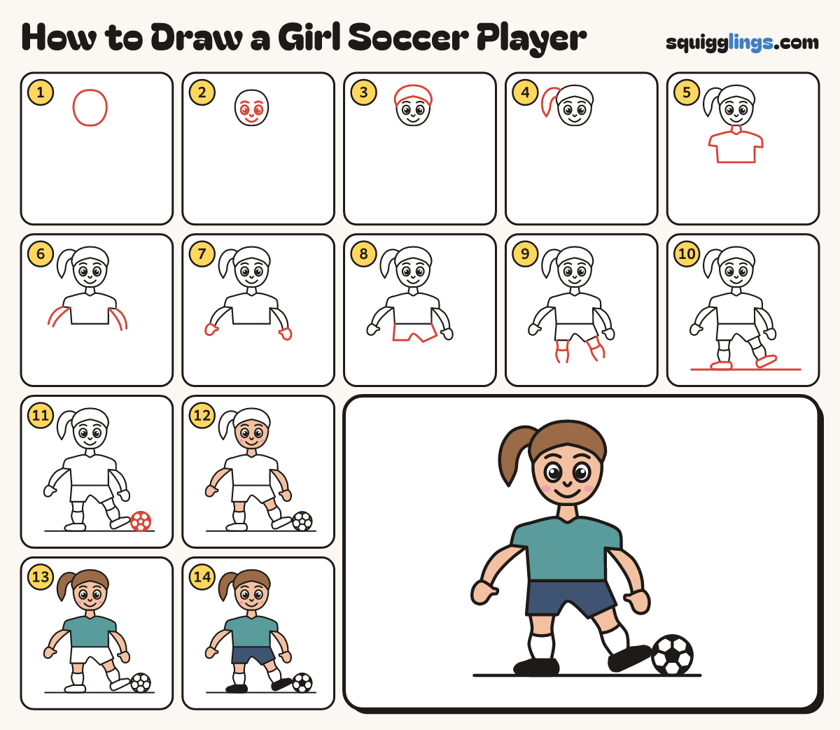 How to Draw a Girl Soccer Player step by step: all 14 steps in one picture
