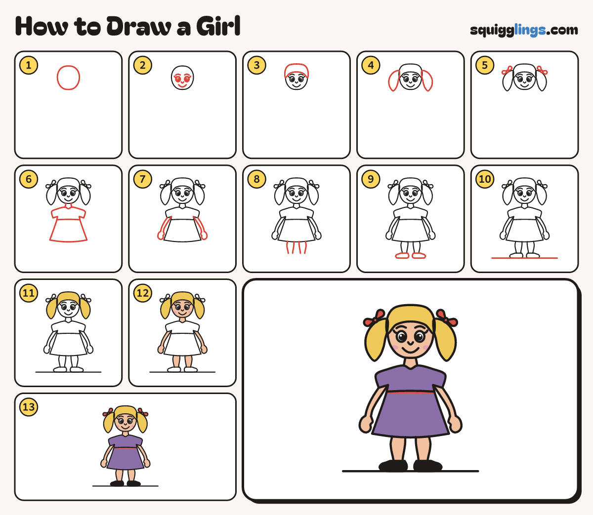 How to Draw a Girl step by step: all 13 steps in one picture