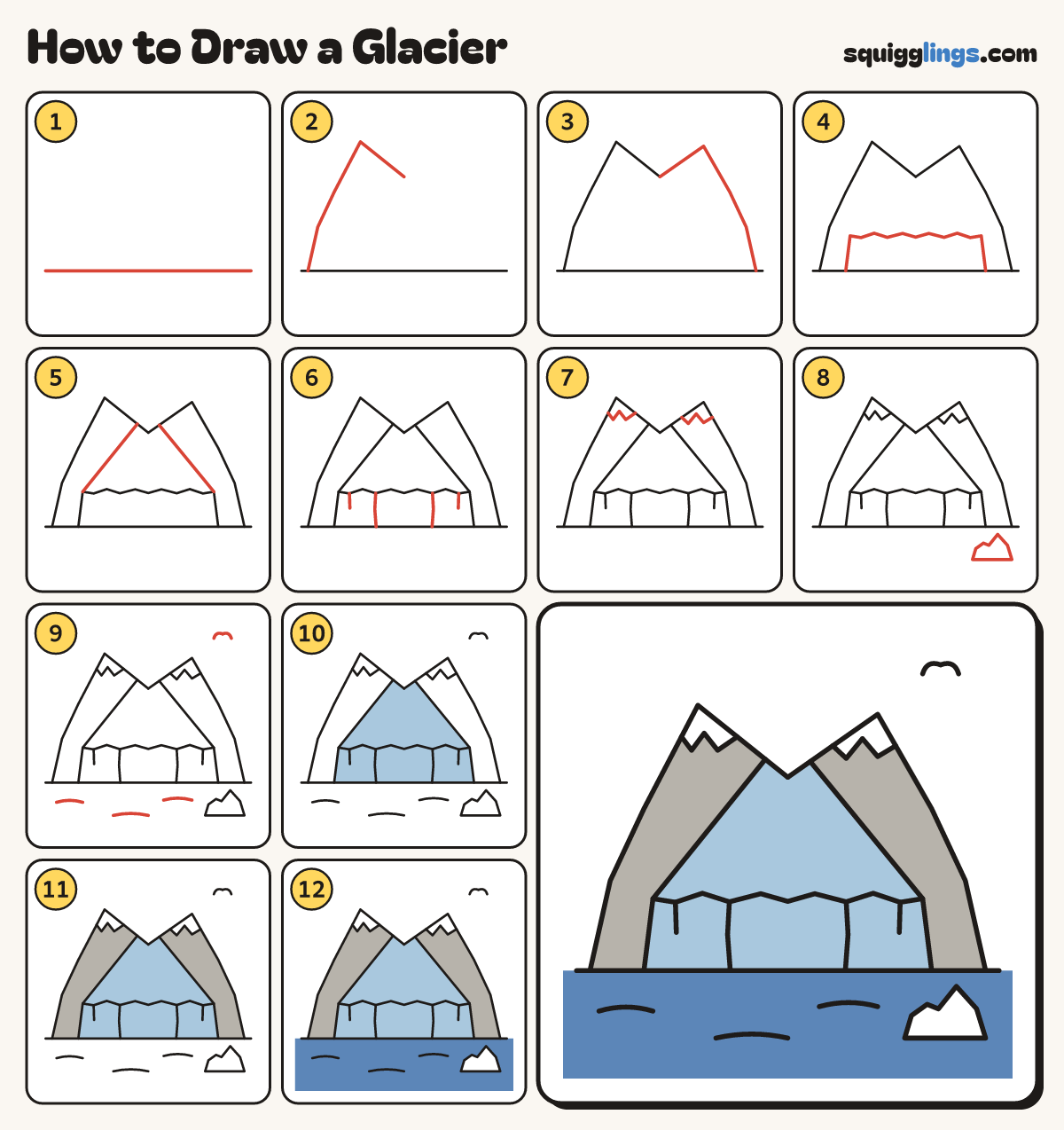 How to Draw a Glacier step by step: all 12 steps in one picture