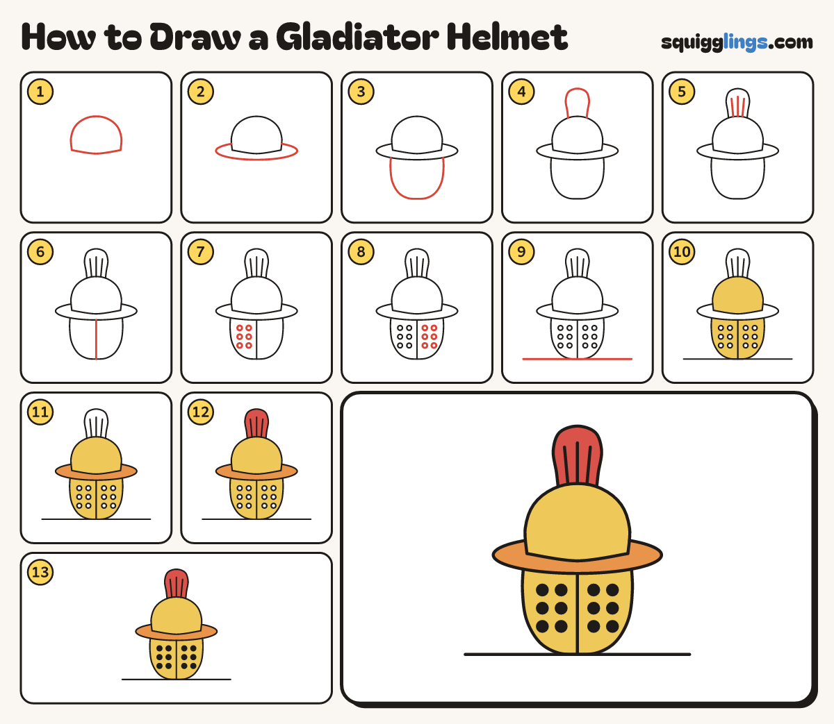 How to Draw a Gladiator Helmet step by step: all 13 steps in one picture
