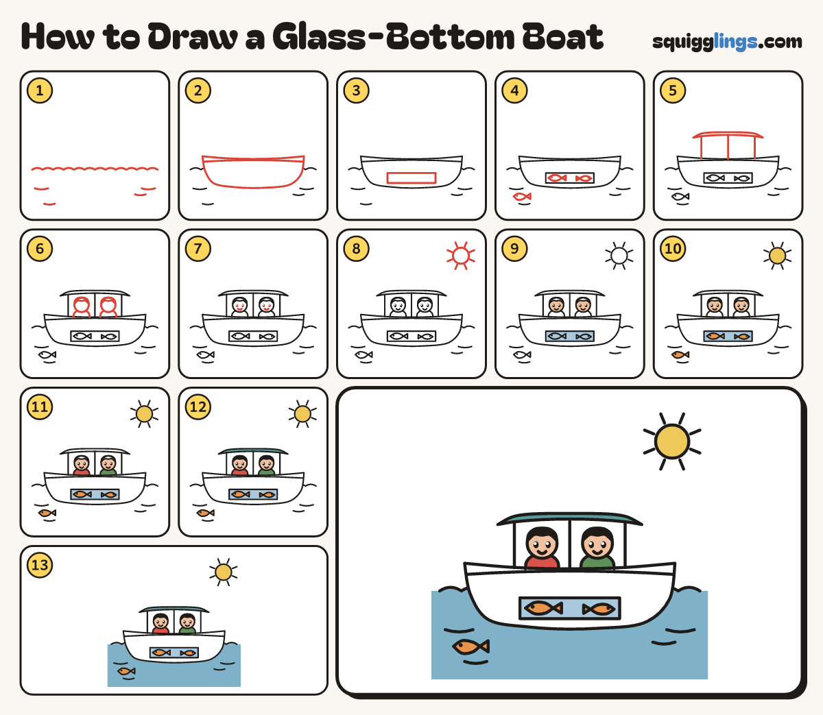 How to Draw a Glass-Bottom Boat step by step: all 13 steps in one picture