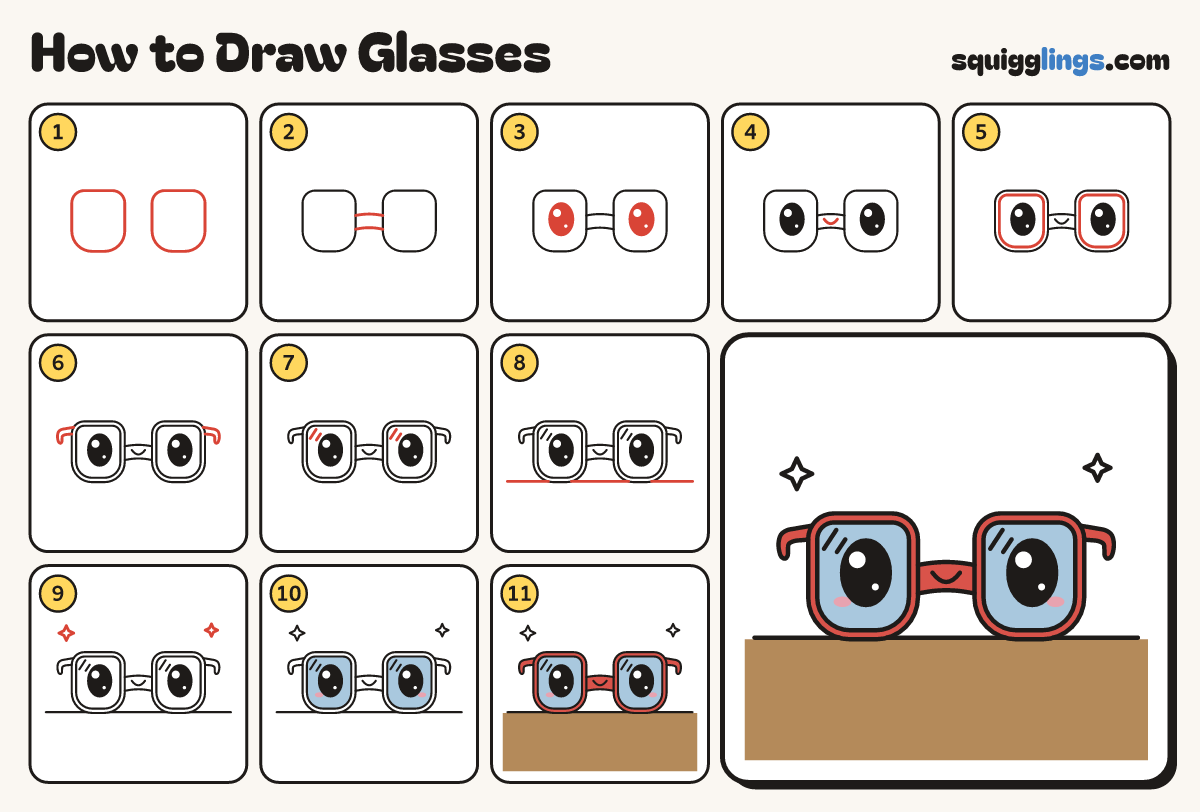 How to Draw Glasses step by step: all 11 steps in one picture