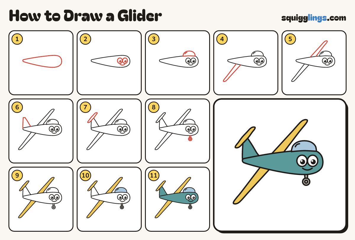 How to Draw a Glider step by step: all 11 steps in one picture