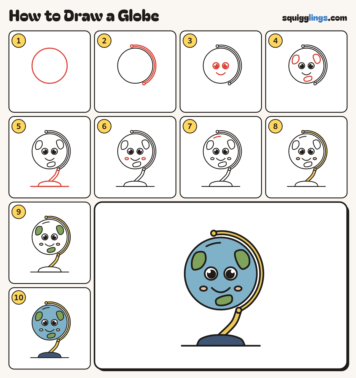 How to Draw a Globe step by step: all 10 steps in one picture