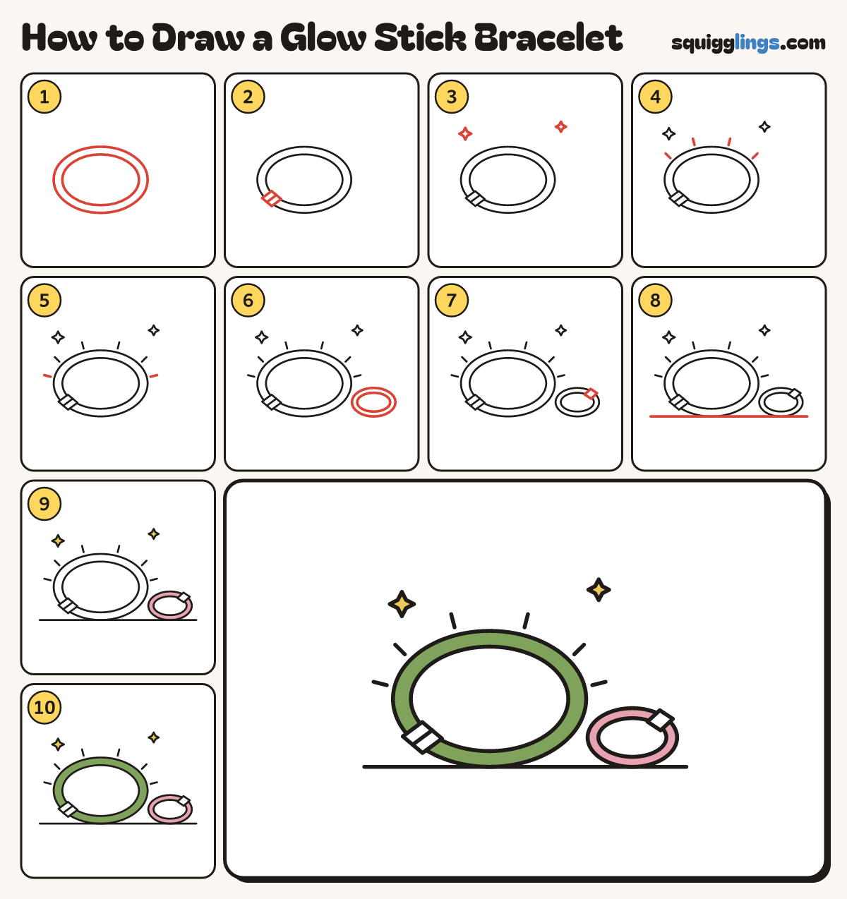 How to Draw a Glow Stick Bracelet step by step: all 10 steps in one picture
