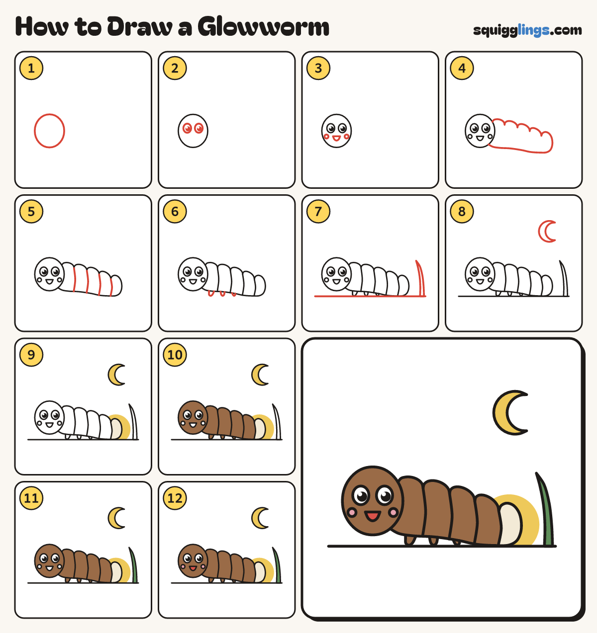 How to Draw a Glowworm step by step: all 12 steps in one picture