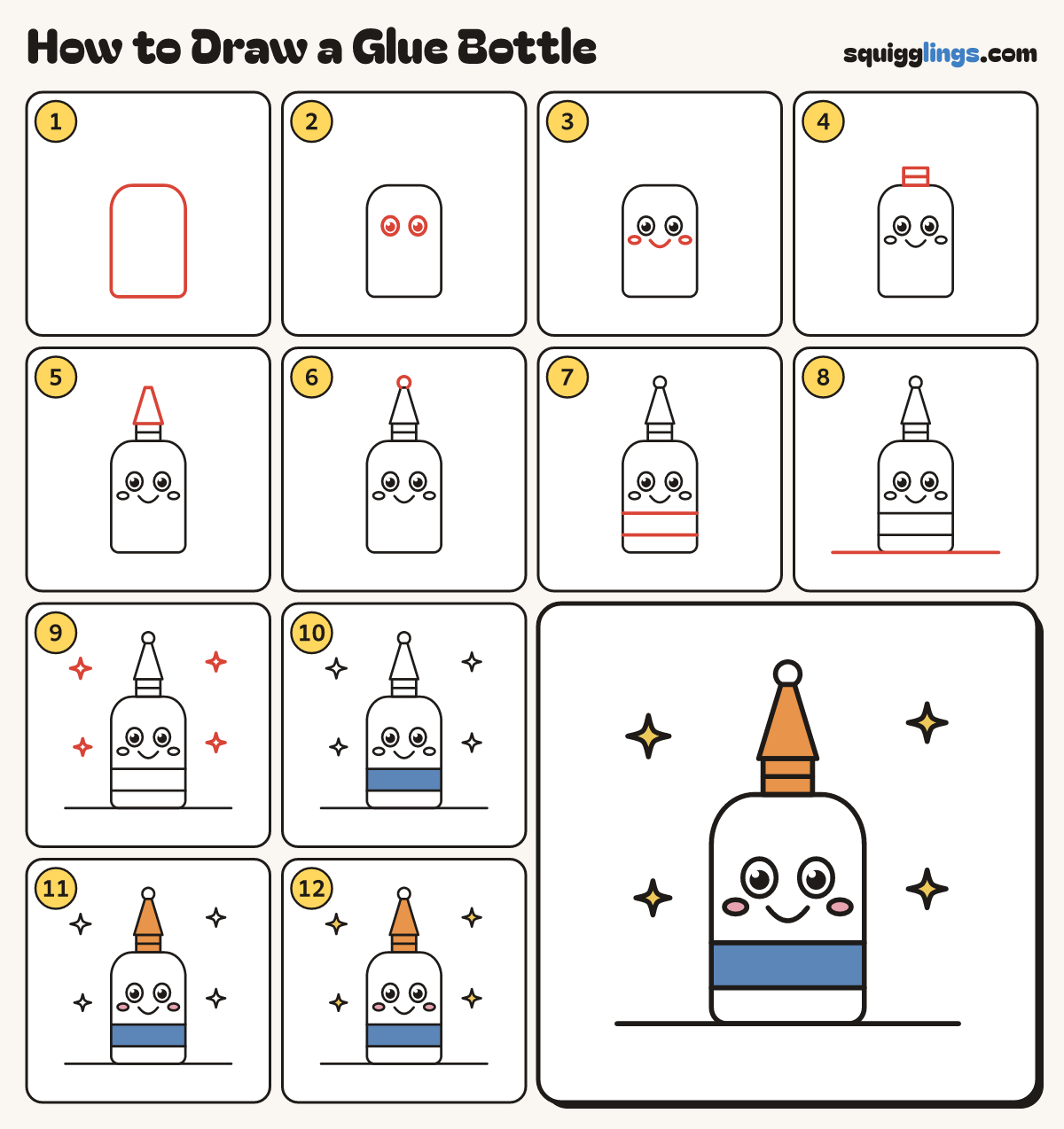 How to Draw a Glue Bottle step by step: all 12 steps in one picture