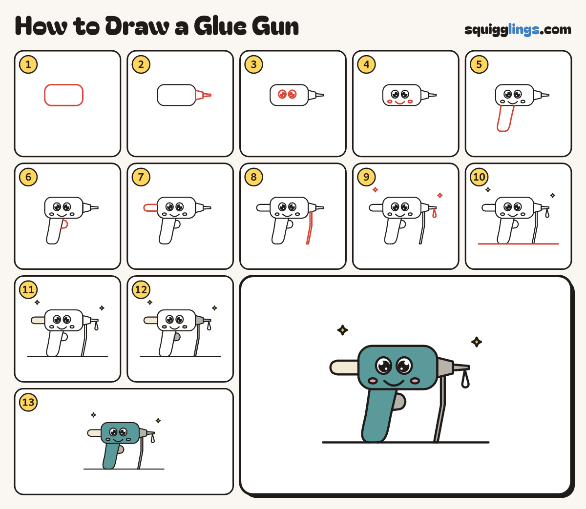 How to Draw a Glue Gun step by step: all 13 steps in one picture