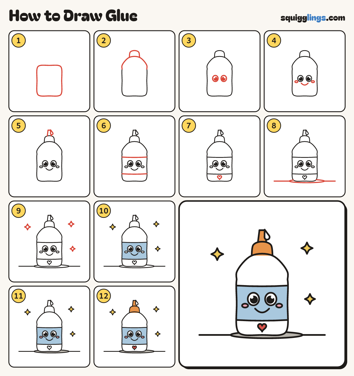 How to Draw Glue step by step: all 12 steps in one picture