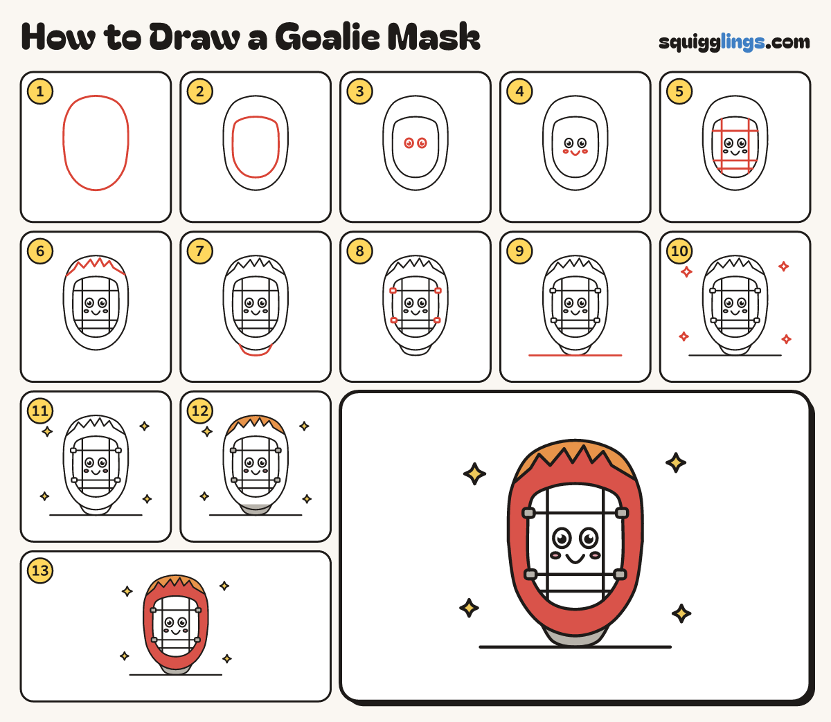 How to Draw a Goalie Mask step by step: all 13 steps in one picture
