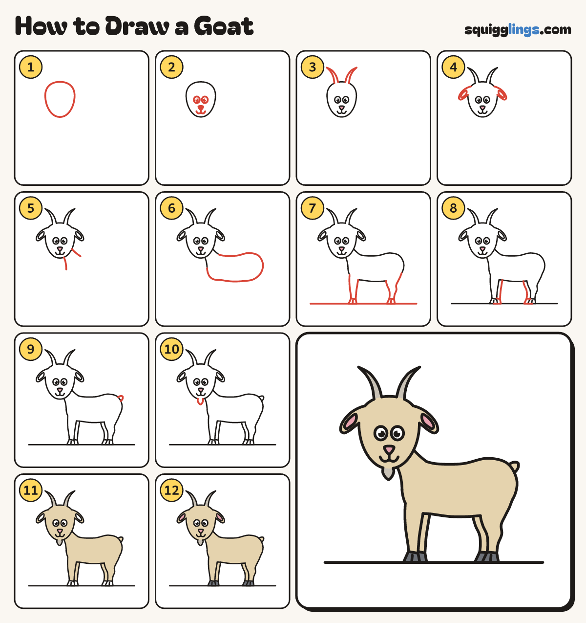How to Draw a Goat step by step: all 12 steps in one picture