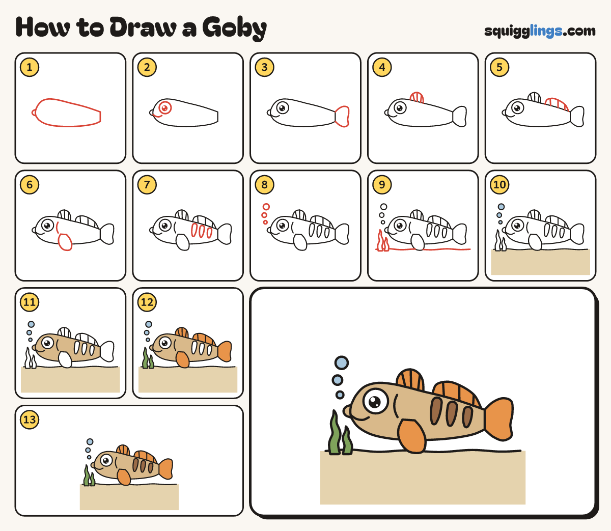 How to Draw a Goby step by step: all 13 steps in one picture