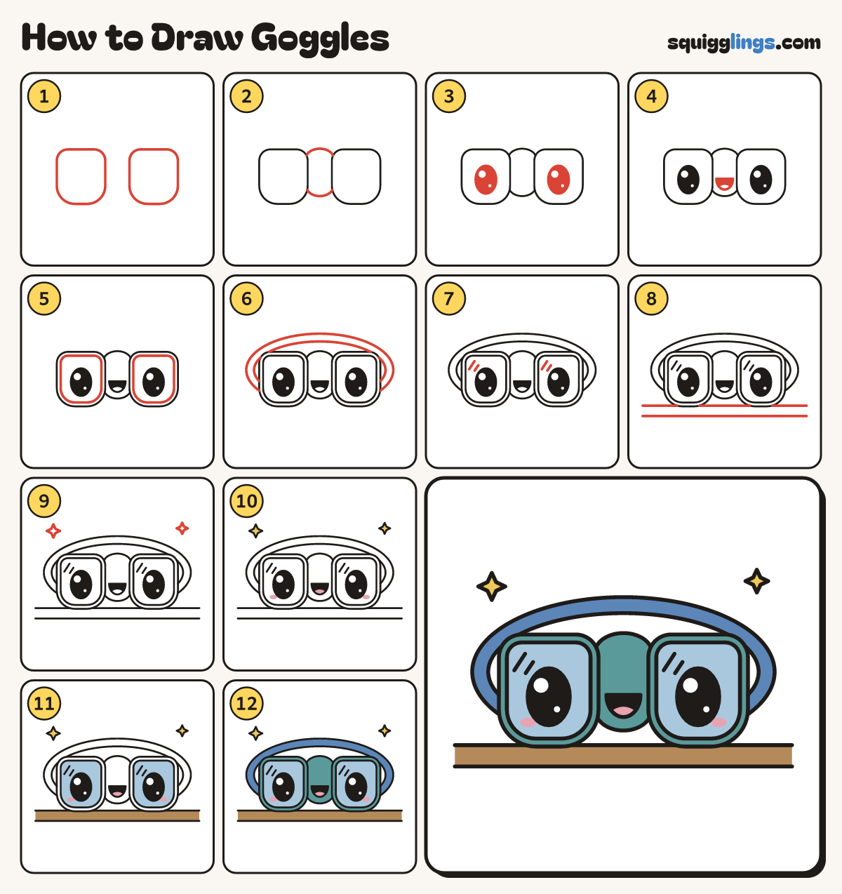 How to Draw Goggles step by step: all 12 steps in one picture