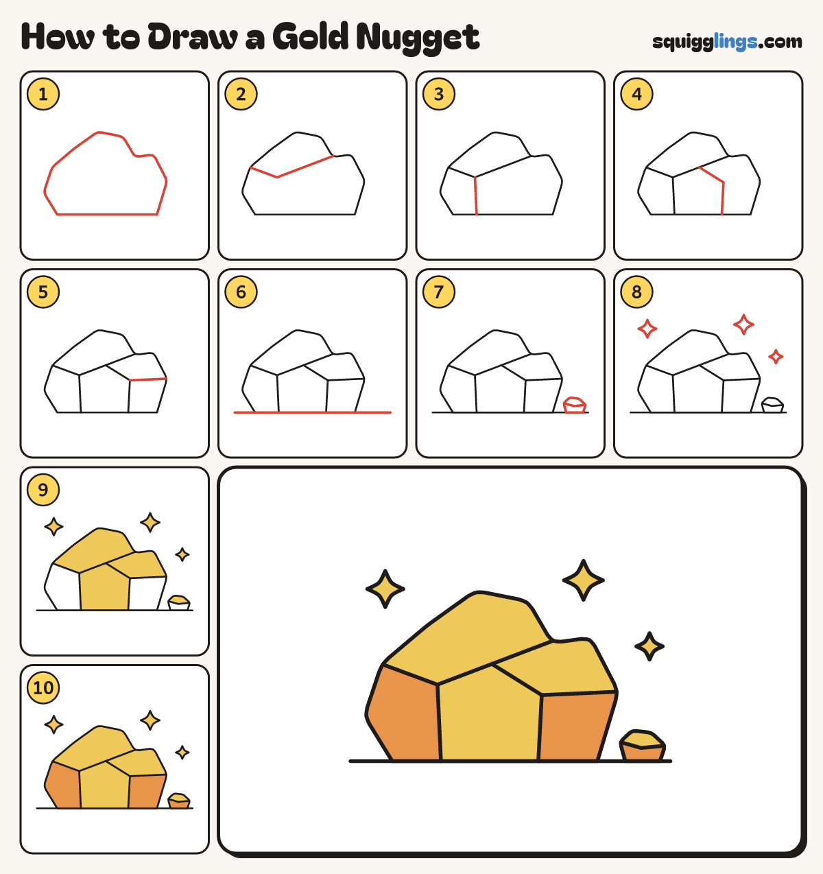 How to Draw a Gold Nugget step by step: all 10 steps in one picture