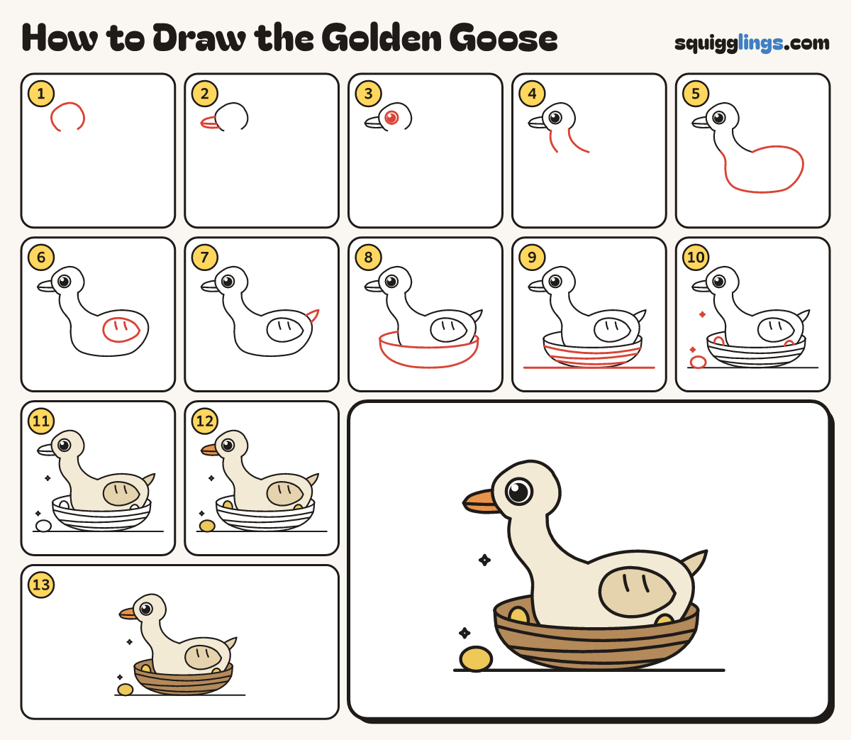 How to Draw the Golden Goose step by step: all 13 steps in one picture