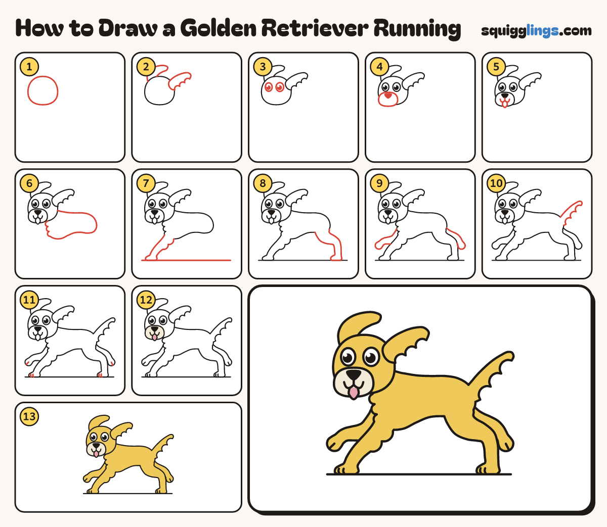 How to Draw a Golden Retriever Running step by step: all 13 steps in one picture