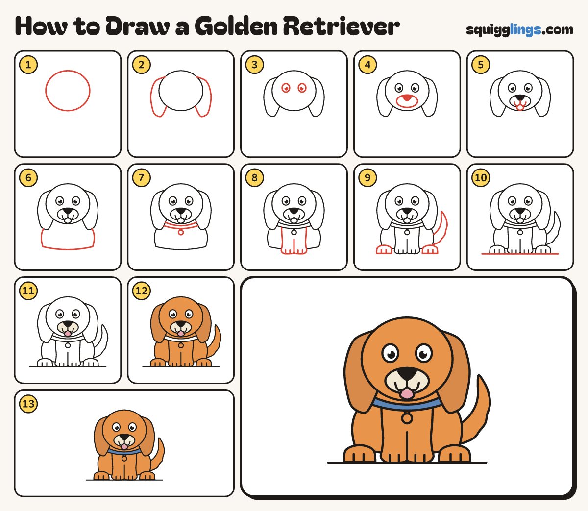 How to Draw a Golden Retriever step by step: all 13 steps in one picture