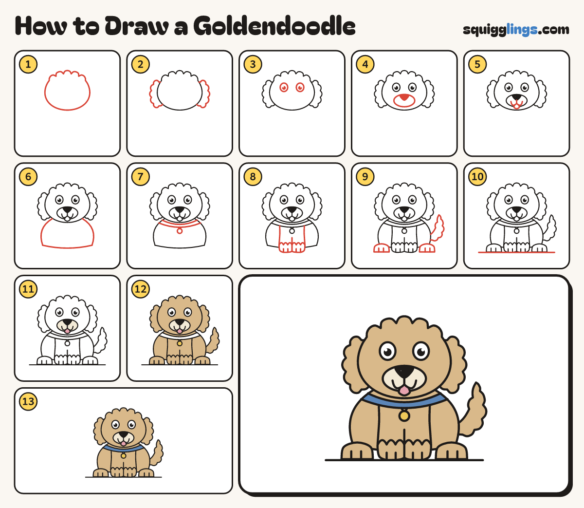 How to Draw a Goldendoodle step by step: all 13 steps in one picture