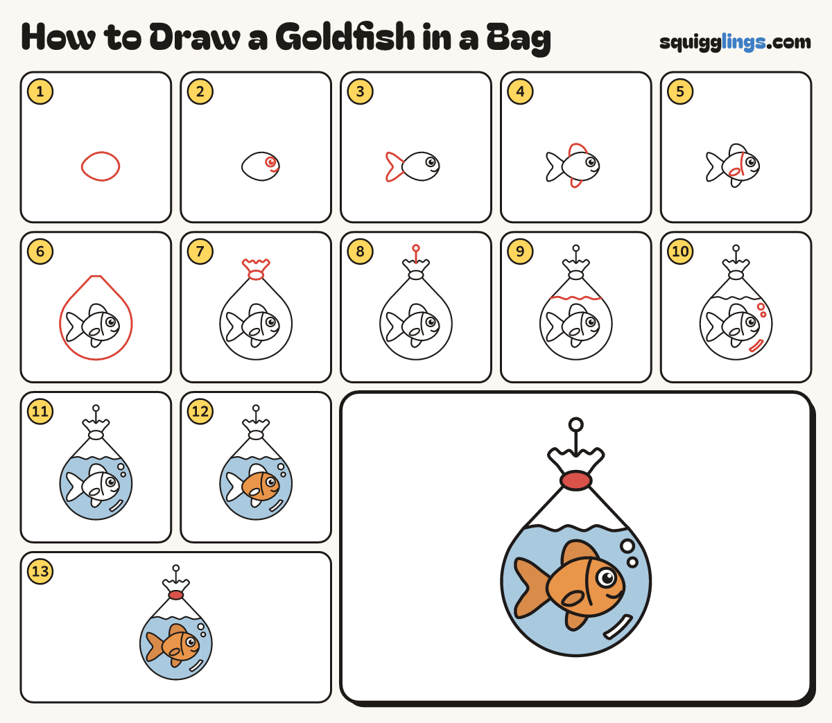 How to Draw a Goldfish in a Bag step by step: all 13 steps in one picture