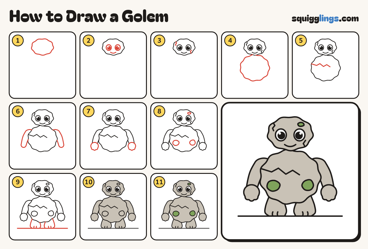 How to Draw a Golem step by step: all 11 steps in one picture