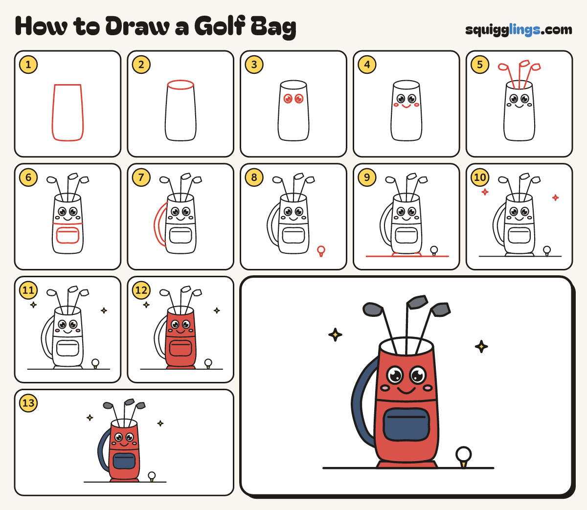 How to Draw a Golf Bag step by step: all 13 steps in one picture