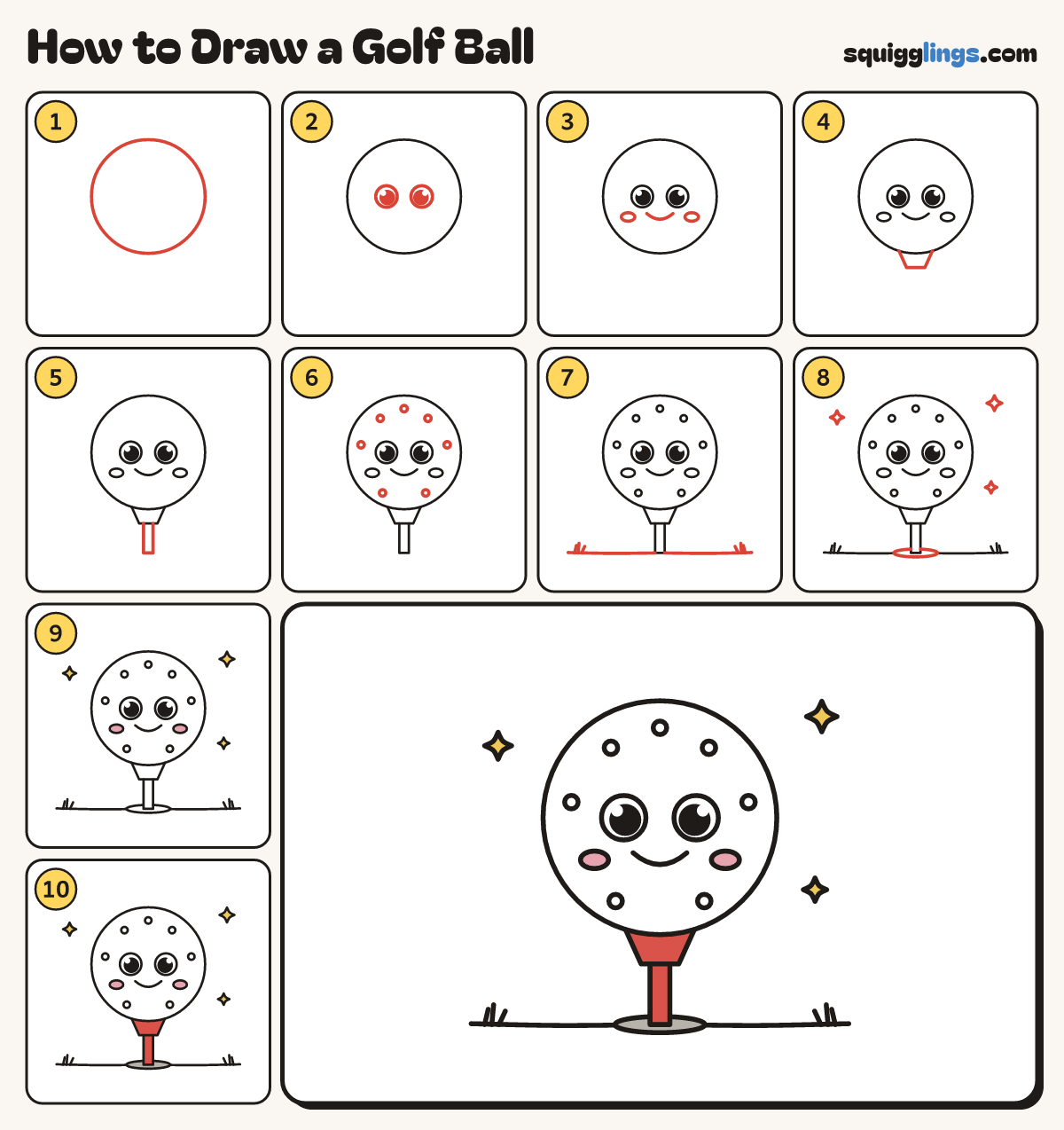 How to Draw a Golf Ball step by step: all 10 steps in one picture