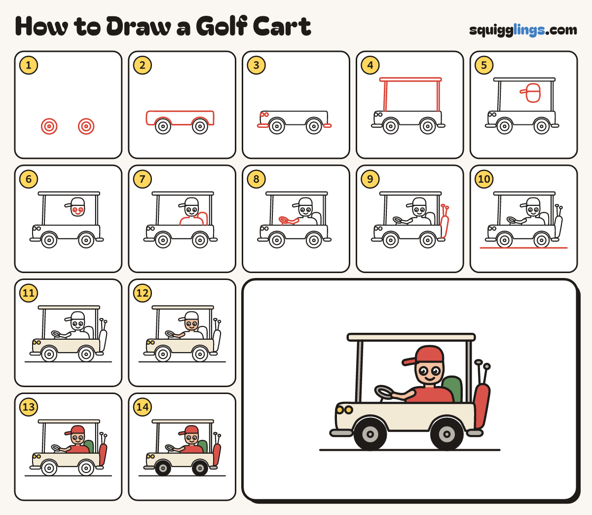 How to Draw a Golf Cart step by step: all 14 steps in one picture