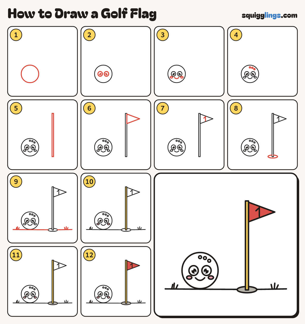 How to Draw a Golf Flag step by step: all 12 steps in one picture