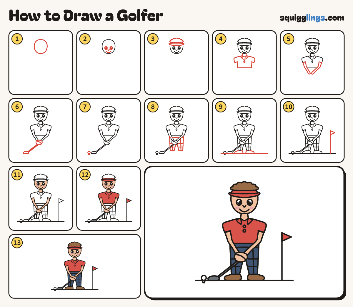 How to Draw a Golfer step by step: all 13 steps in one picture