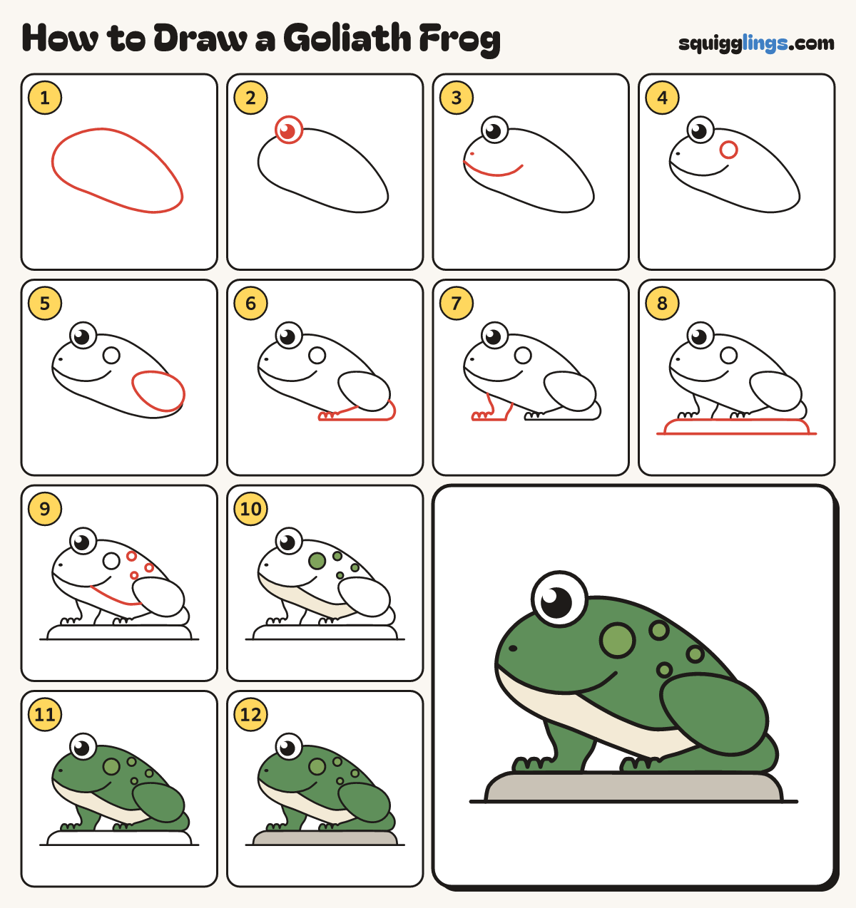 How to Draw a Goliath Frog step by step: all 12 steps in one picture