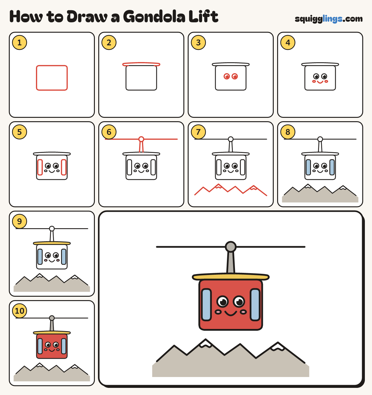 How to Draw a Gondola Lift step by step: all 10 steps in one picture