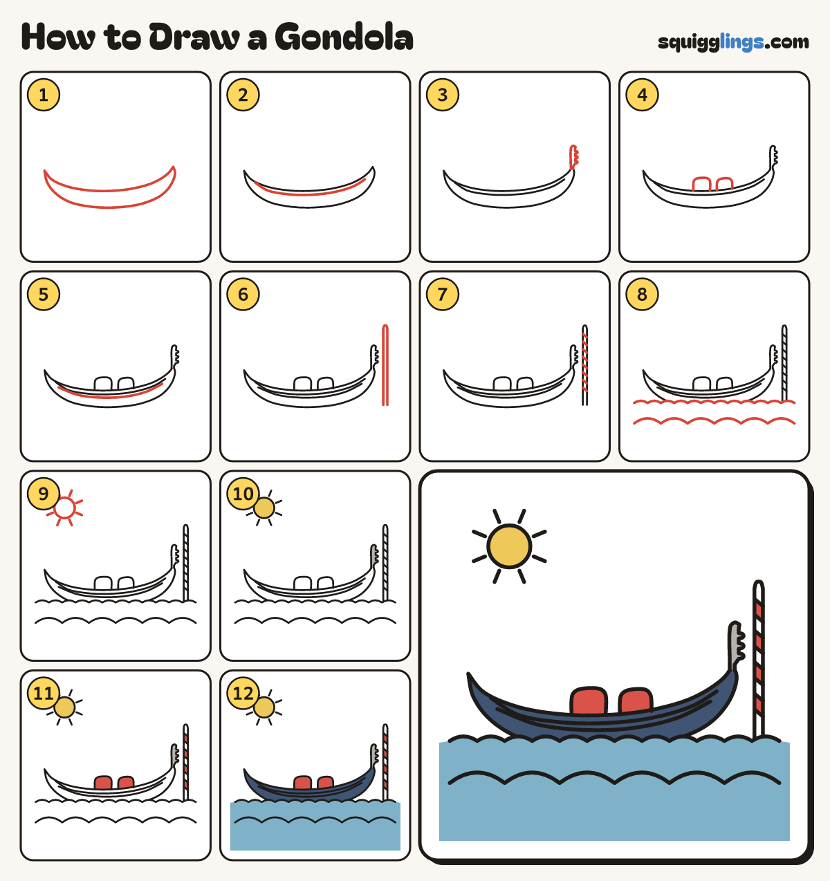 How to Draw a Gondola step by step: all 12 steps in one picture