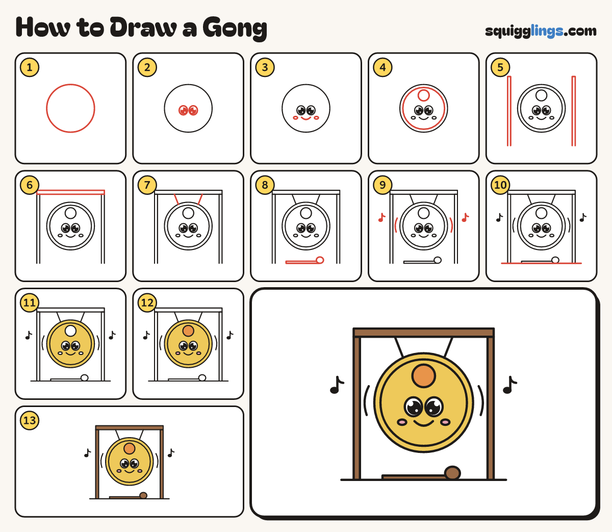 How to Draw a Gong step by step: all 13 steps in one picture