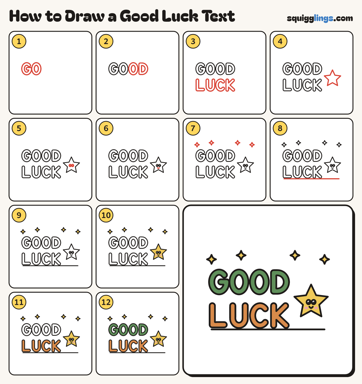 How to Draw a Good Luck Text step by step: all 12 steps in one picture