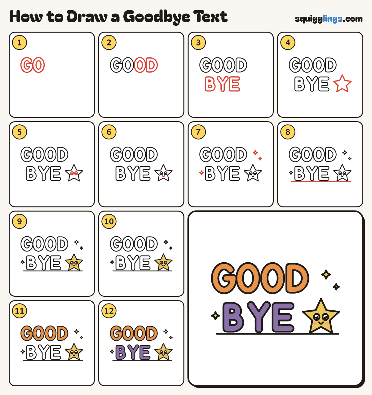 How to Draw a Goodbye Text step by step: all 12 steps in one picture