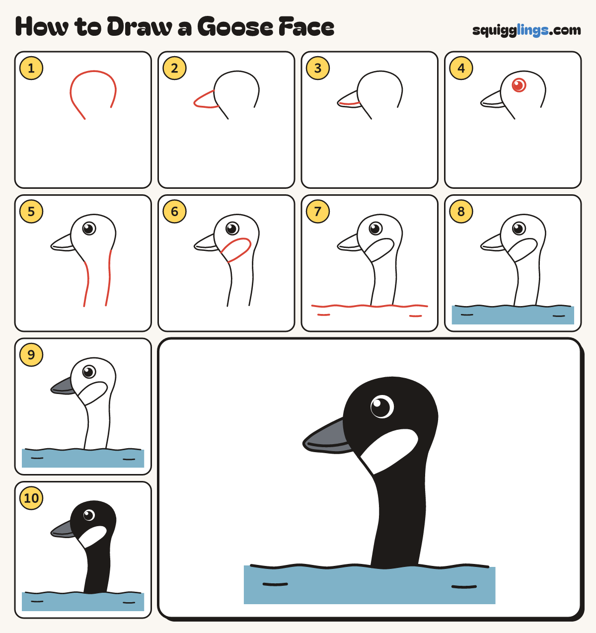 How to Draw a Goose Face step by step: all 10 steps in one picture